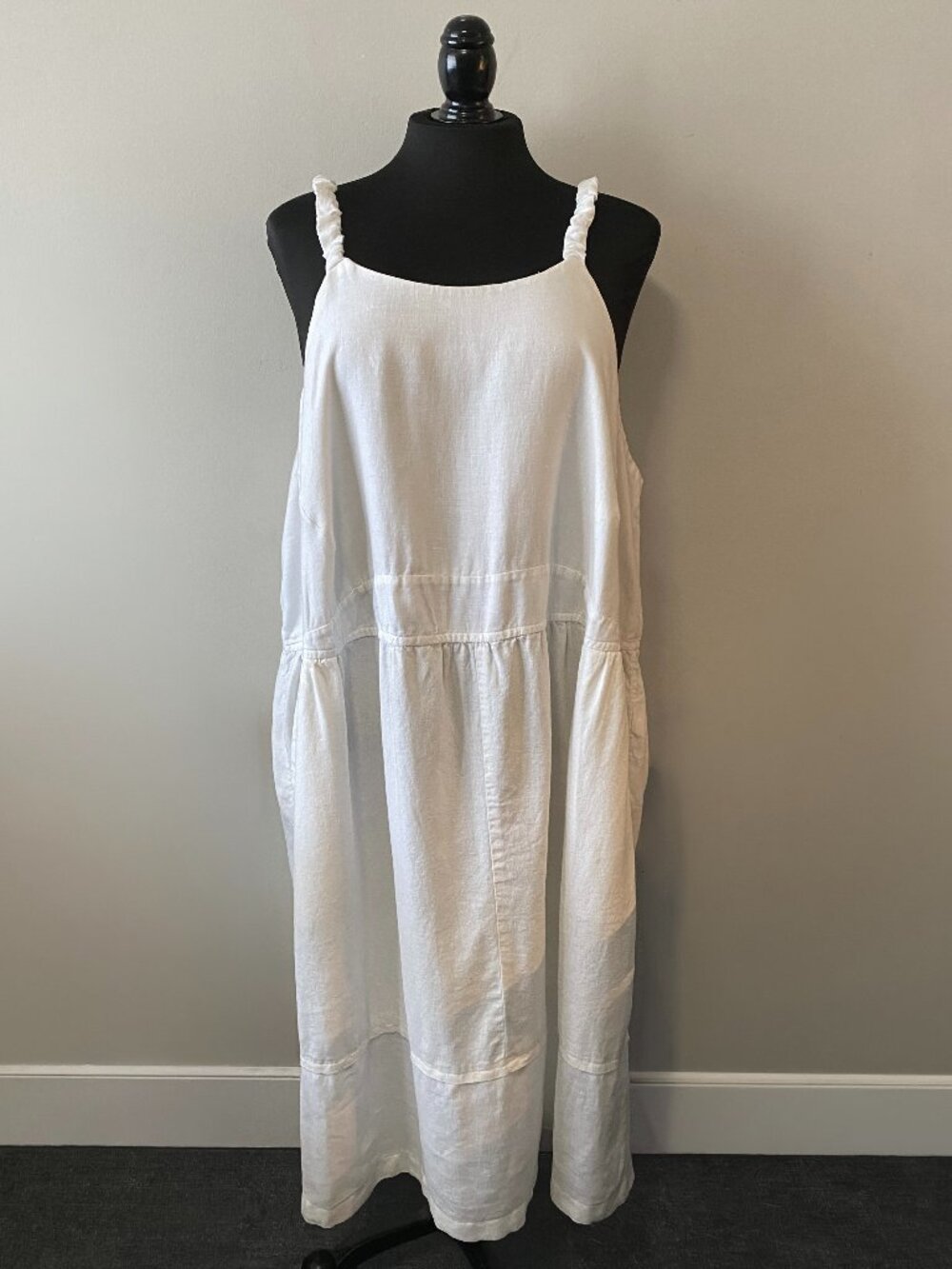 Handmade Plus Size Linen Cotton White Gathered Strappy Pockets Dress